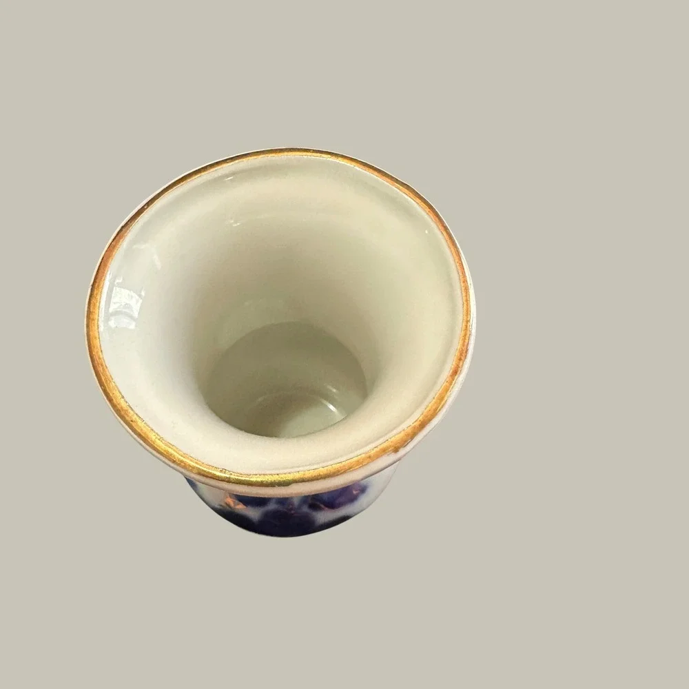 Sumi Porcelain Bud Vase Cluj Romania Handmade Hand Painted Blue Gold Floral 4.5